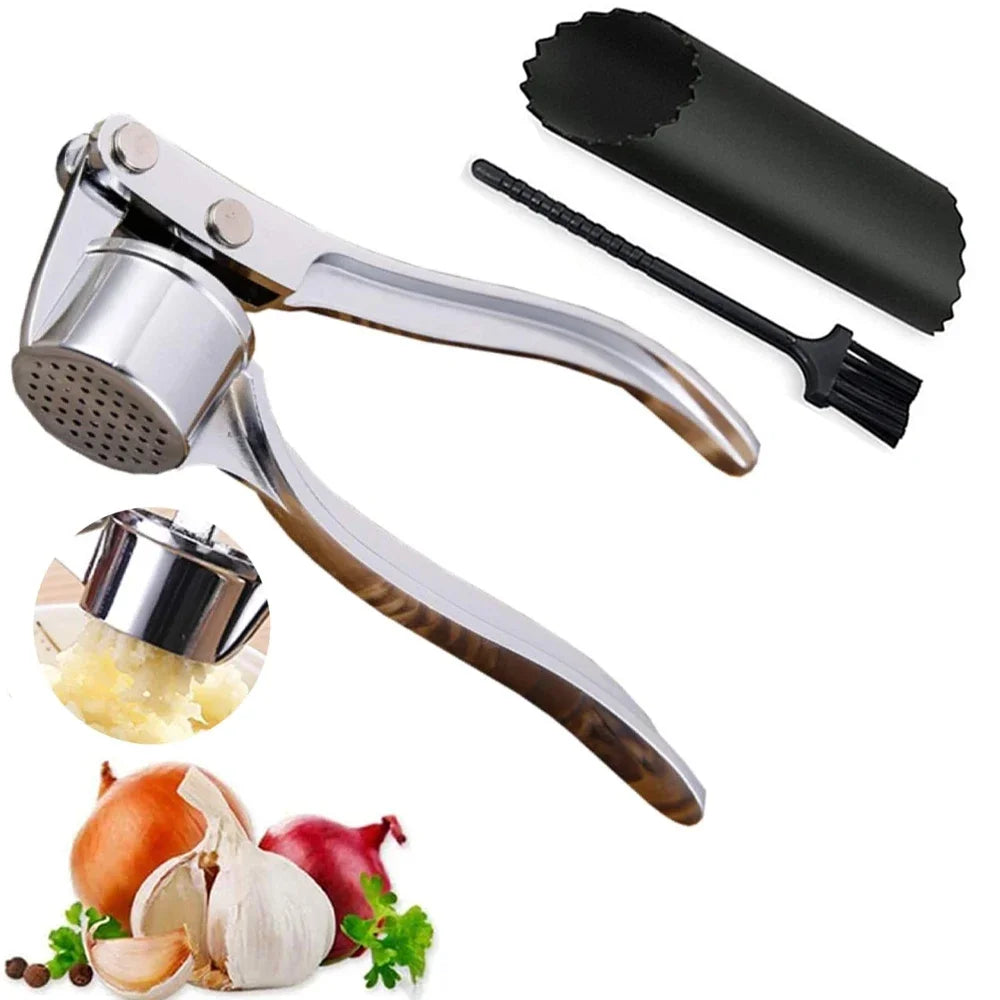 Kitchen Gadgets Garlic Press Stainless Steel Garlic Mincer Garlic Peeler and Cleaning Brush Ginger Peeler Household Tools