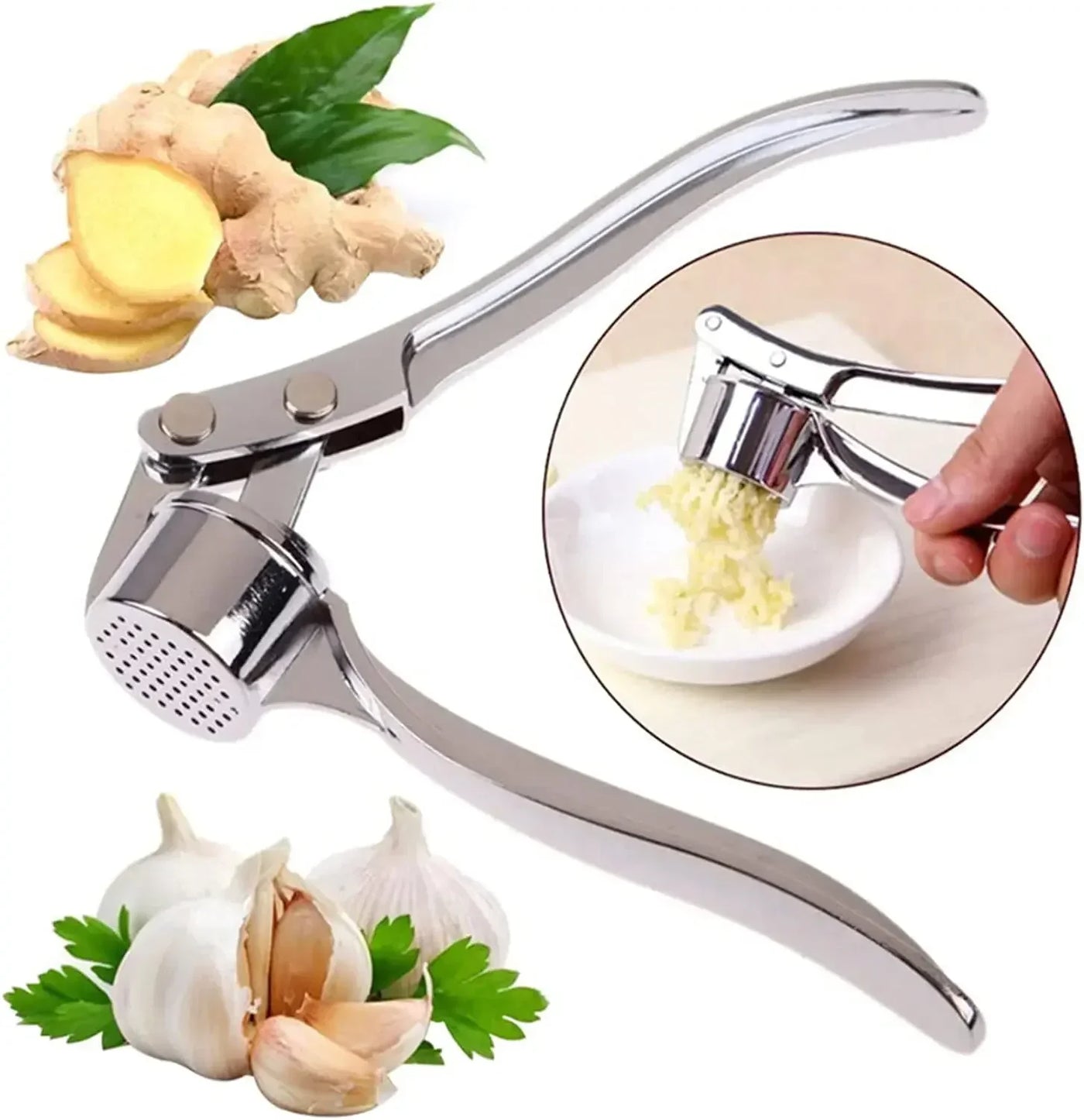 Kitchen Gadgets Garlic Press Stainless Steel Garlic Mincer Garlic Peeler and Cleaning Brush Ginger Peeler Household Tools